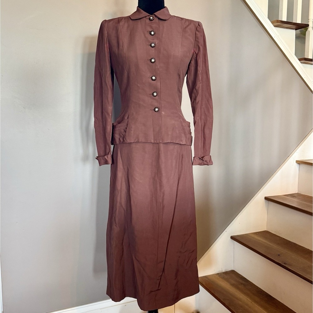 2pc VTG 40s MCM Brown Crepe Suit Rhinestone‎ Button Jacket A-Line Skirt Women S